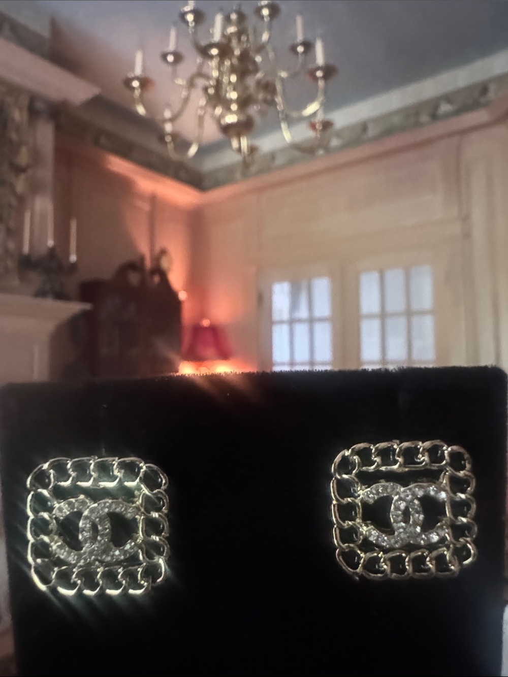 Gold Tone Chain-Frame Logo Stud Earrings - Designer Style - Picture 2 of 4